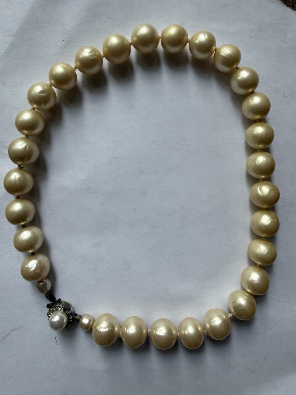 Vintage MCM Huge Golden Baroque Pearl Necklace 16” Knotted Floral Clasp 12mm